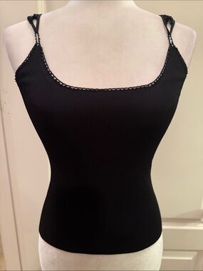 VTG. Black Soft Stretchy Fine Ribbed Knit Tank Top Crochet and Beads Details NEW